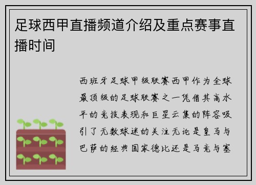 足球西甲直播频道介绍及重点赛事直播时间